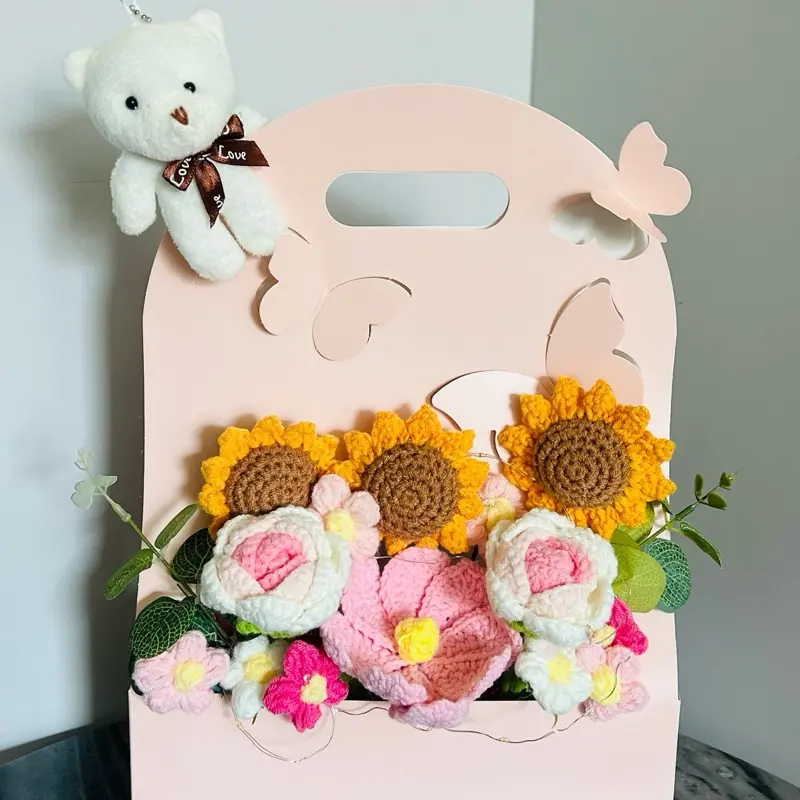 Crochet Sunflowers and Pink Roses with Teddy Bear - Adorable Handmade Flower Arrangement for Home Decor