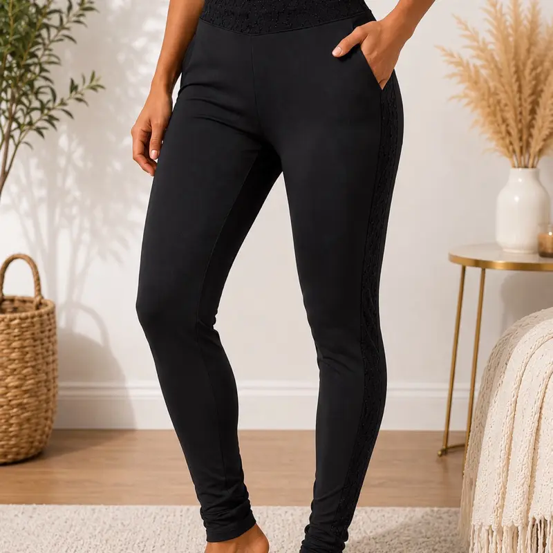 Women’s High-Waisted Lace-Trim Stretch Leggings – Slim Fit Full-Length Pants