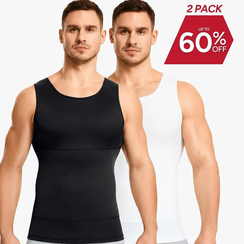 【2 Pack】Men's Compression High Stretch Tummy Shapewear Tank Tops Fajas Dry Fit Wicking Gym Shirt