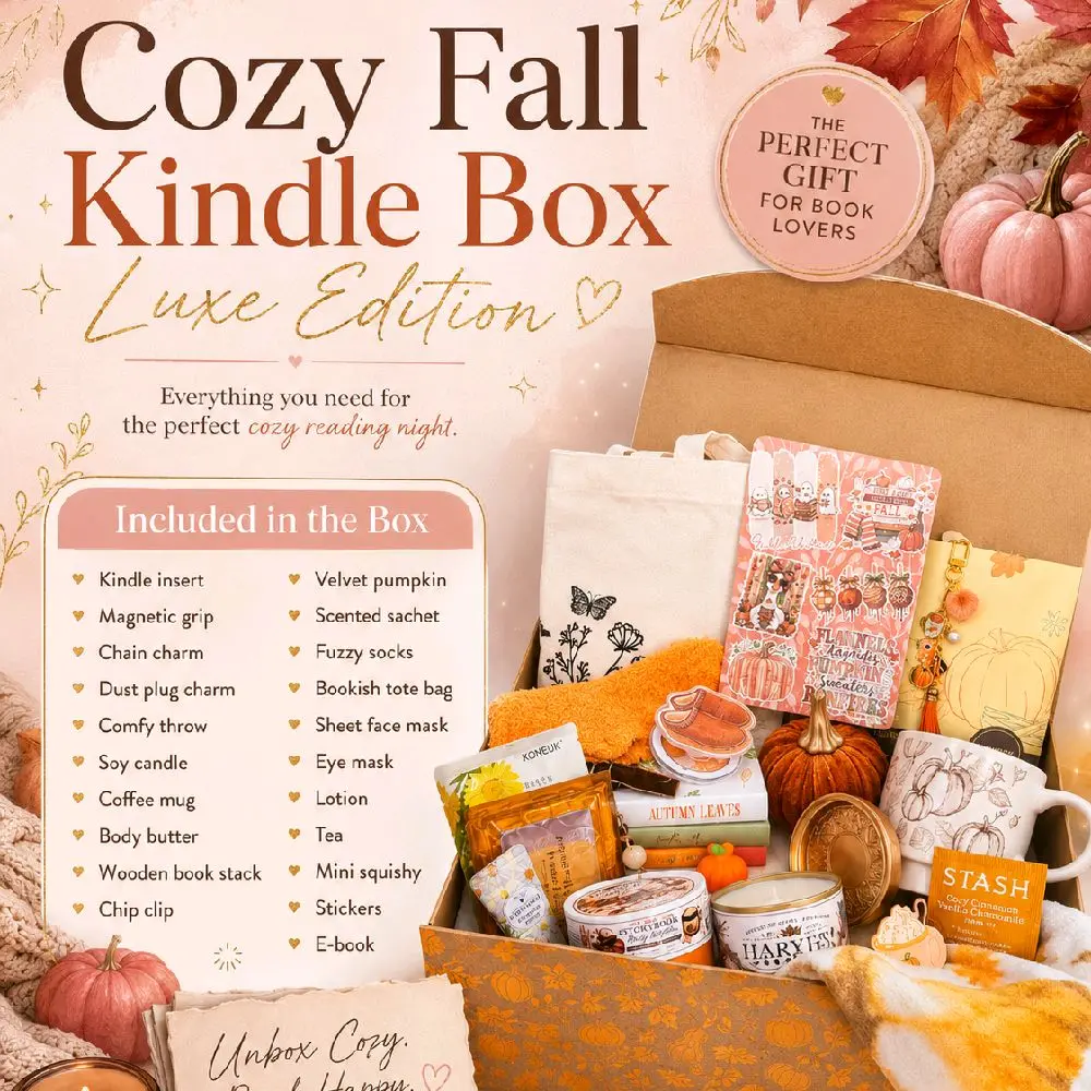 COZY FALL Kindle Box | LUXE EDITION | Includes: Kindle Insert, Grip, Chain Charm, Dust Plug, Throw, Body Butter, Socks, Fall Decor, & Much More! | The Perfect Bookish Autumn Lover Gift | GIFT READY