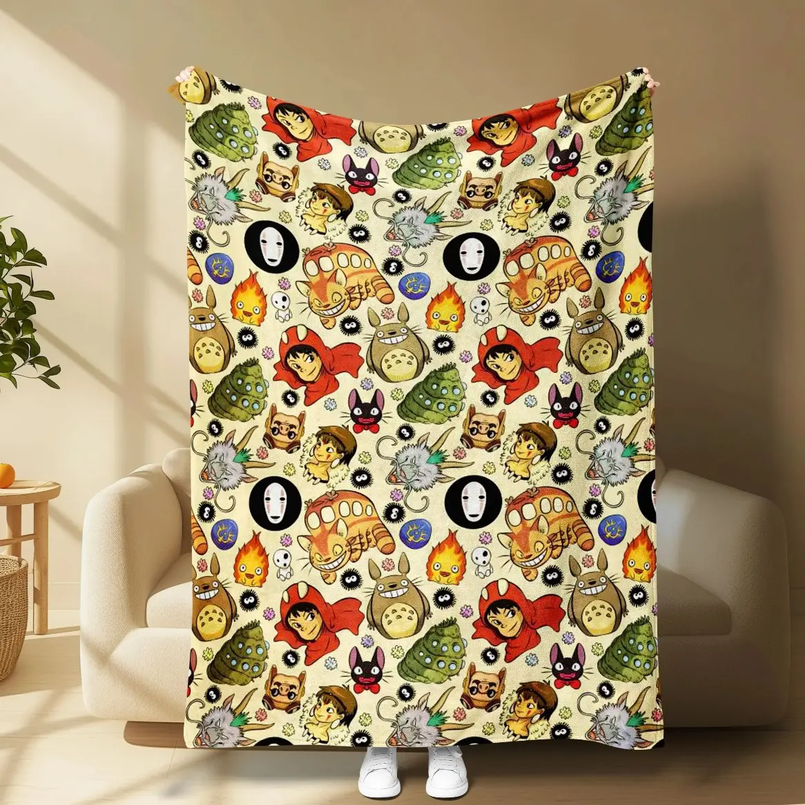 Studio Ghibli Anime Lover Gift Blanket, Totoro Catbus Calcifer & No Face Inspired Throw, Ultra Soft Plush Flannel Blanket, Cozy Nostalgic Design, Perfect for Anime Fans, Sofa Bed Anime Room Decor, Birthday & Christmas Present