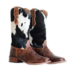 Savanna Handtooled Leather Boots In Black & White with Intricate Brown Tooling and White Spots Design