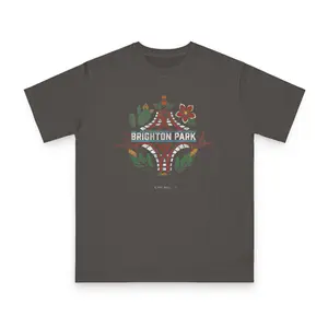 This Brighton Park Chicago t-shirt is a unisex graphic tee made from organic, fair trade cotton, designed for everyday streetwear and shaped by culture, labor, and place, with a focus on sustainability, comfort, durability, and local Chicago design.
