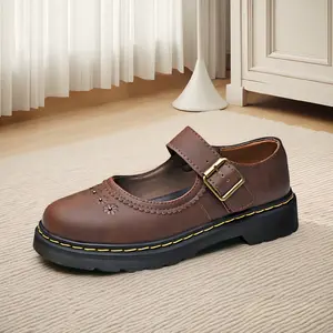 Women's Brown Floral Embossed Mary Jane Shoes, Vintage T-Strap Buckle Low-Top Flats, Non-Slip Rubber Sole Casual Footwear