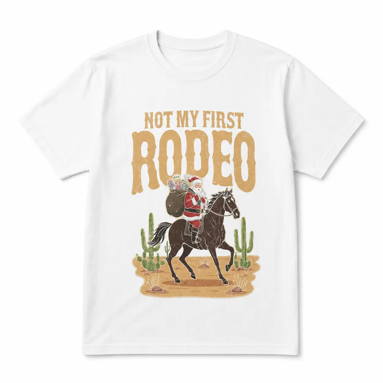 Men's Not My First Rodeo Santa Cowboy Graphic T-Shirt, Western Christmas Crew Neck Short Sleeve Cotton Tee