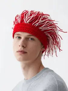 1pc Unisex Knitted Polyester Beanie with Dreadlocks - Elastic Hip-Hop Party Cap, Warm Winter Hat with Colorful Stripe Design, No Feathers, Hand Washable