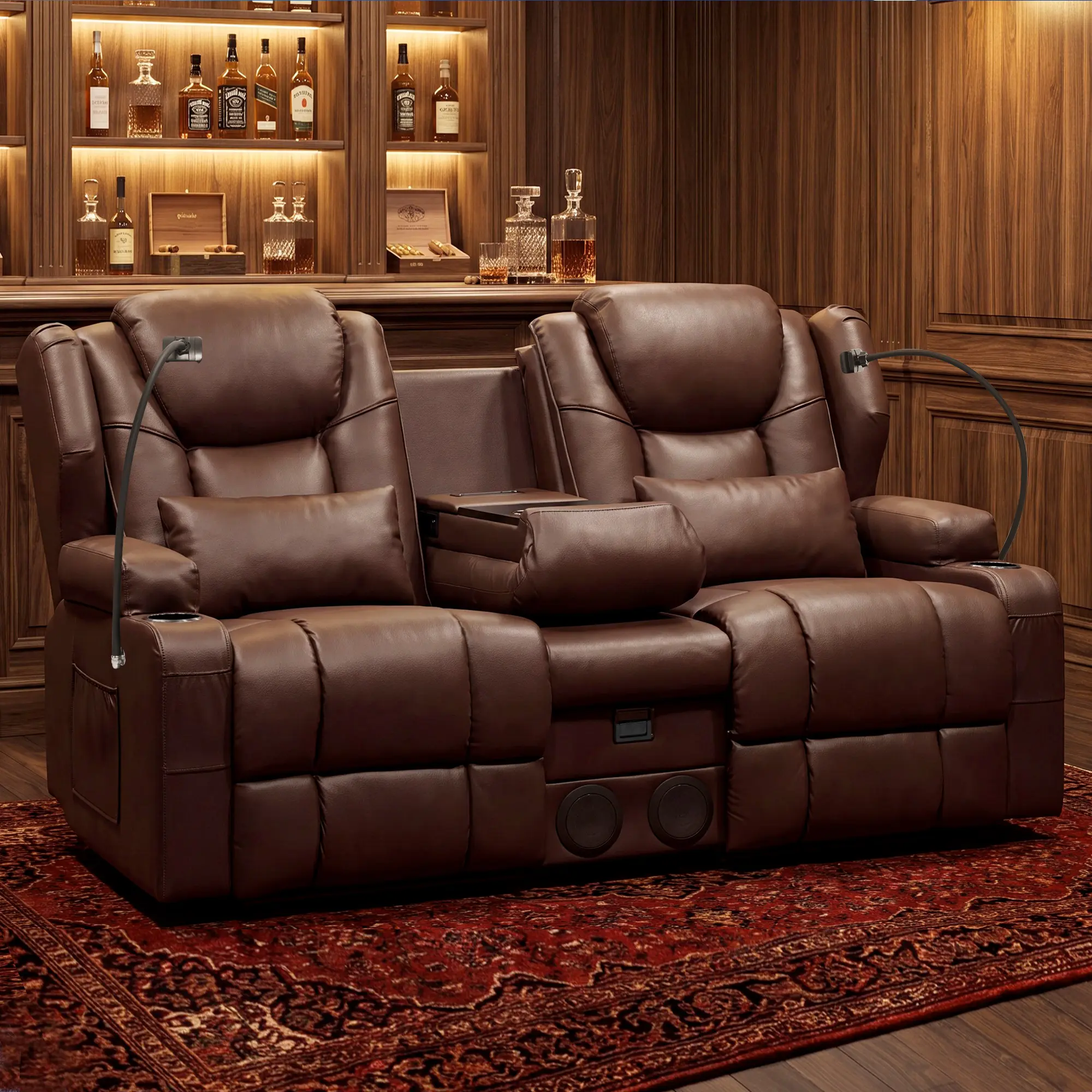 Brown Manual Wall-Hugger Loveseat Recliner with Massage, Heat, Bluetooth Speakers, Cup Holders - Indoor Living Room, RV Home Theater Furniture Chair