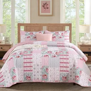 Patchwork Quilt Set  Size,  Floral Plaid Bedspread Coverlet Set Boho Rustic Quilt Bed Cover, 3 count Soft Microfiber Reversible  Grey Bedding Set for Women Girls