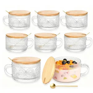 Vintage Coffee Mugs Set 8pcs - 14oz Clear Embossed Glass Cups with Bamboo Lids & Spoons, Sunflower & Raindrops Patterns, Iced Coffee & Overnight Oats Containers, Elegant Coffee Bar Accessories