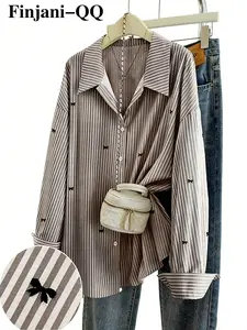 Plus Size Women's Casual Striped Shirt, Embroidered Bow Design, Fitted Long Sleeve, Casual Lapel Top, Versatile for Commuting and Leisure, Casual Classy Top, Casual Collared Shirt, Casual Everyday Tops