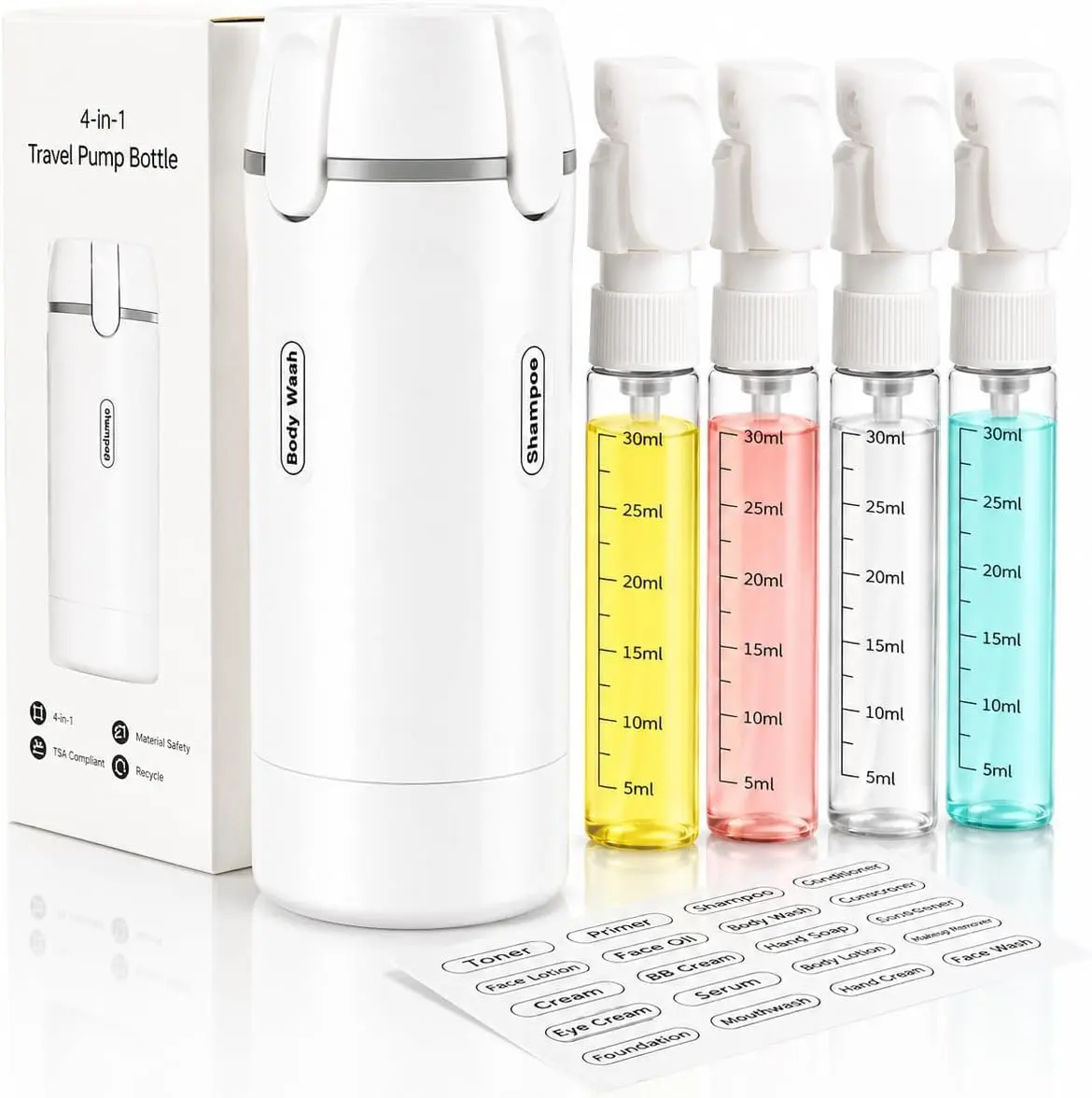 4-in-1 Silicone Travel Toiletry Bottles Set Pack - Lightweight, Leakproof Dispenser Canisters for Shampoo, Conditioner, Lotion, Cream, Body Wash - Transparent with Scale and Label (4 Bottles Total)