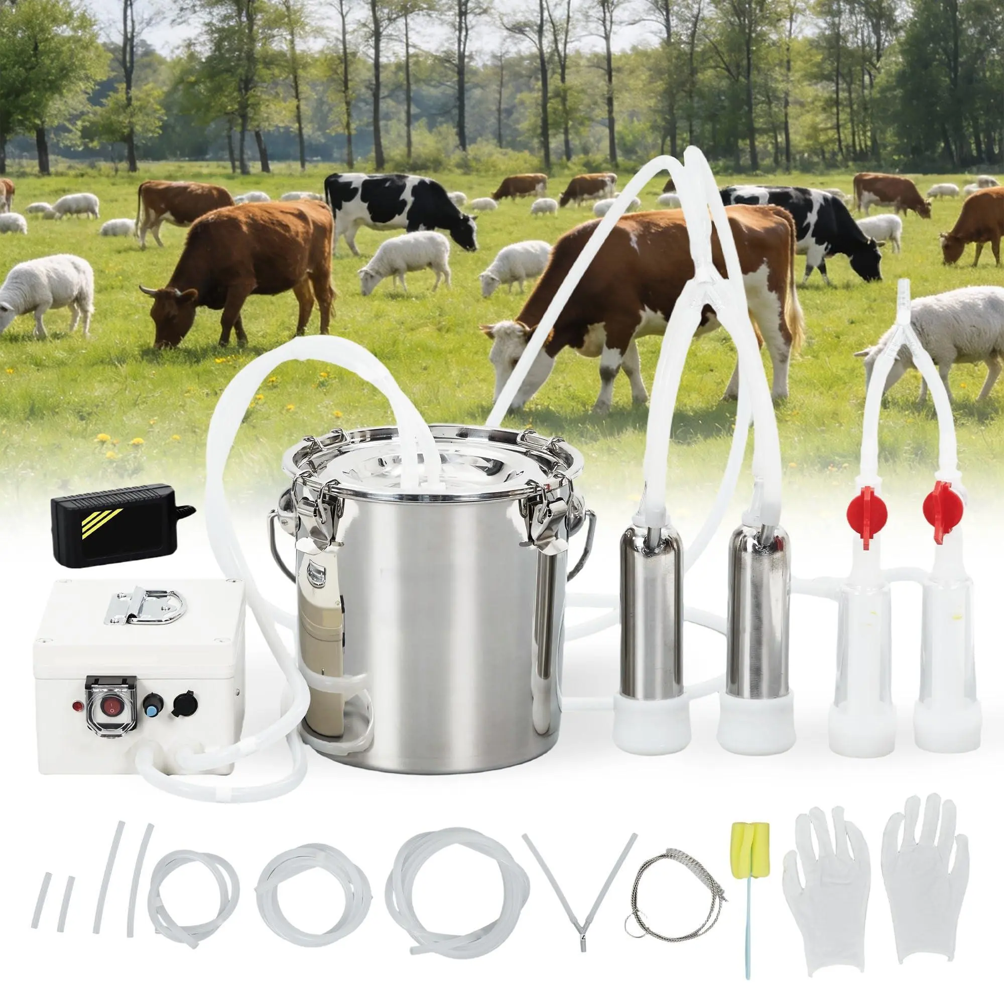 12L Milking Machine, Electric Automatic Pulsation Vacuum Milker with 304 Stainless Steel Bucket, Adjustable Suction, Portable Milker with Food-Grade Silicone Cups and Tubes for Cows and Sheep | Automatic milking