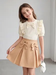 Girls' Sweet Bow Short Sleeve Top & High Waist A-Line Skirt Set, Casual Daily Wear for Ages 8-12, All Seasons Fashion