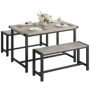 3-Piece Dining Table Set for 4-6 - Rectangular Table with 2 Benches - H-Shaped Sturdy Frame - Space-Saving Design - For Small Dining Rooms