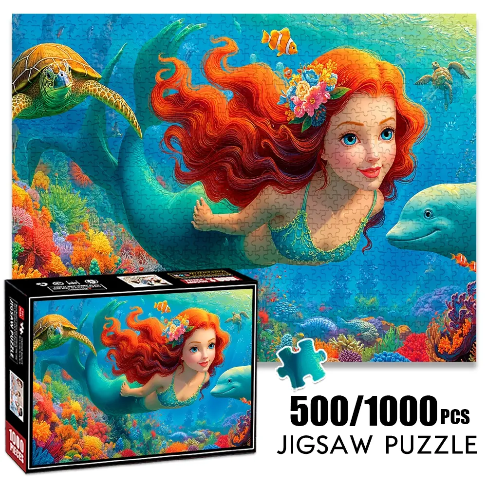 1pc 1000 piece adult puzzle 70x50cm Mermaid with Flowing Red Hair in an Underwater Scene with Turtles and Dolphins 500 pieces of paper jigsaw puzzle, suitable for adults and families, large-scale
