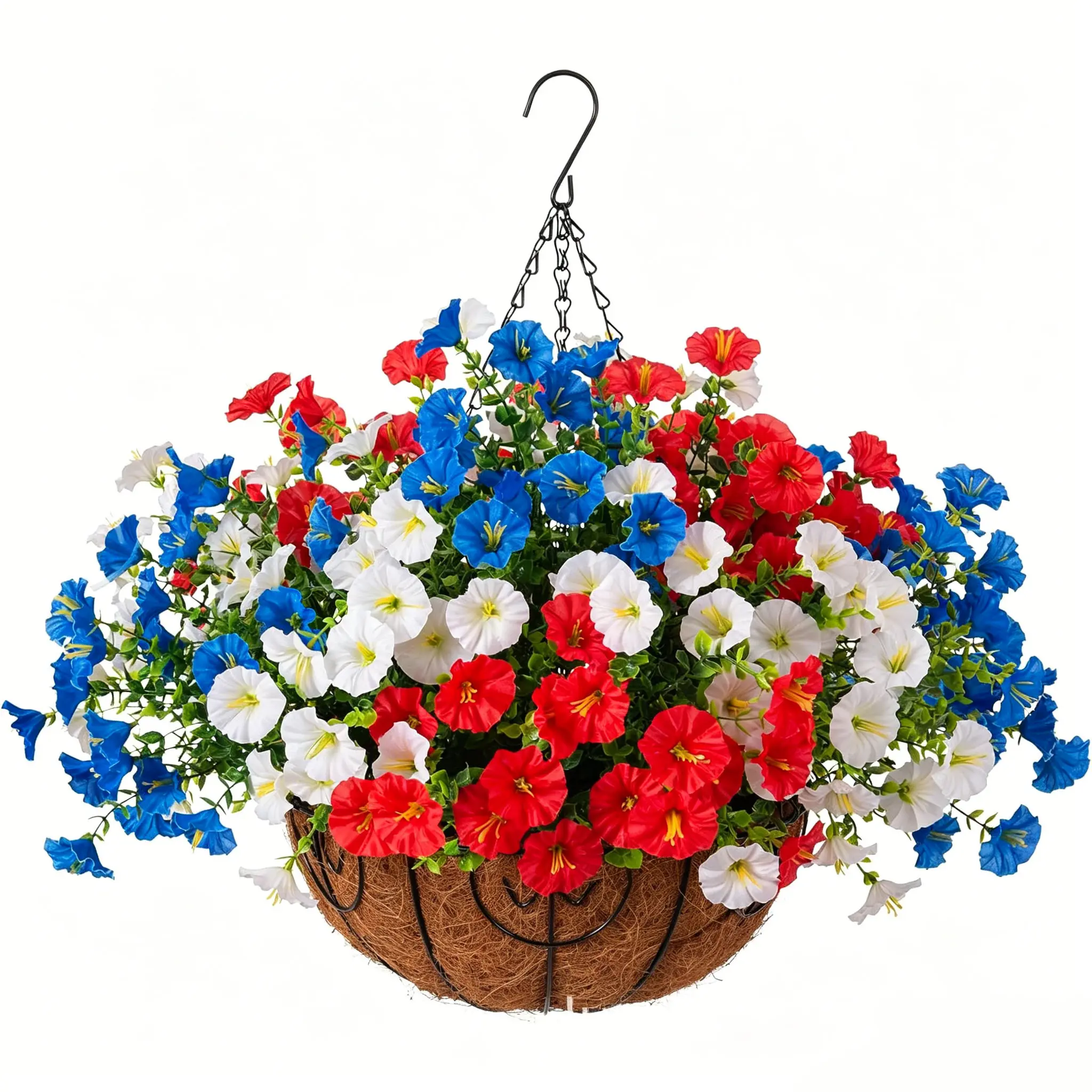 12-Piece Realistic Look Faux Morning Glory Bundles, UV-Resistant Outdoor Decorative Artificial Flowers & Greenery, for Summer Garden, Front Door Planter (Red, White, Blue)