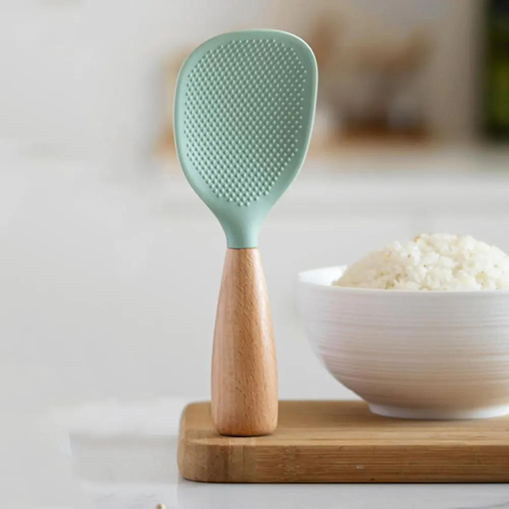 Silicone Wooden Handle Rice Spoon, Heat Resistant Non-slip Rice Spoon ...