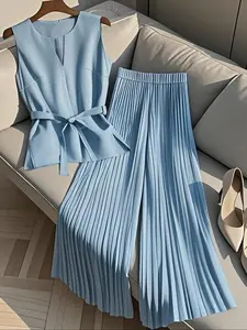Elegant Light Blue Sleeveless Waist Cinching Two-Piece Set, Commuter Pleated Wide Leg Pants, Stylish Tie Top & Skirt Set, Two Piece Set Women, Outfit Sets Women