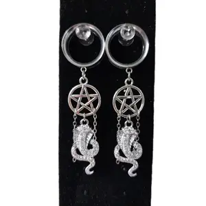 Pentacle Serpent Dangle Gauge Earrings | Gothic Witchcore Cobra Earrings | Silver Occult Jewelry | Gauges, Tunnels, Plugs