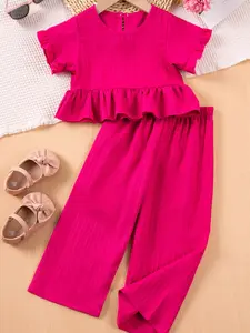 2pcsGirls' Summer Fashion Set, Short Sleeve Top, Trendy Two-Piece, Comfortable and Breathable, Perfect for Kids