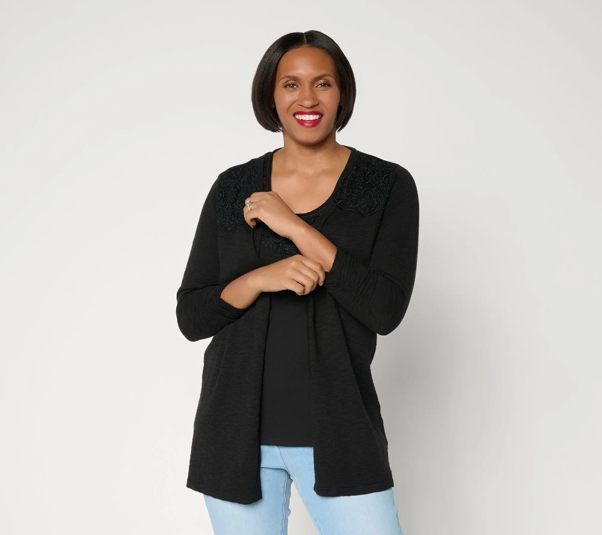 Ree by the Pioneer Woman Petite Lace Shoulder Knit Cardigan