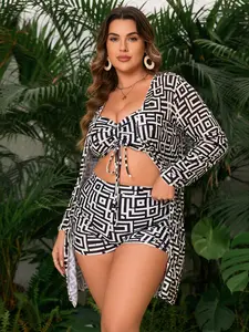 Women's Plus Size 3 Piece Swimsuit Set Ruched Bikini Top High Waisted Shorts with Cover Up