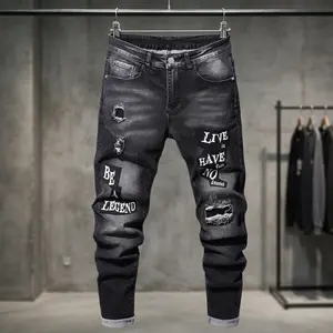 2026 New Arrival Fashion Streetwear Men Jeans Ripped Patch Design Stretch Slim Fit Skinny Leg Vintage Denim Pants Casual Hip Hop Trendy Distressed Washed Soft Comfy All Match Daily Outfit Street Style Denim Trousers for Male