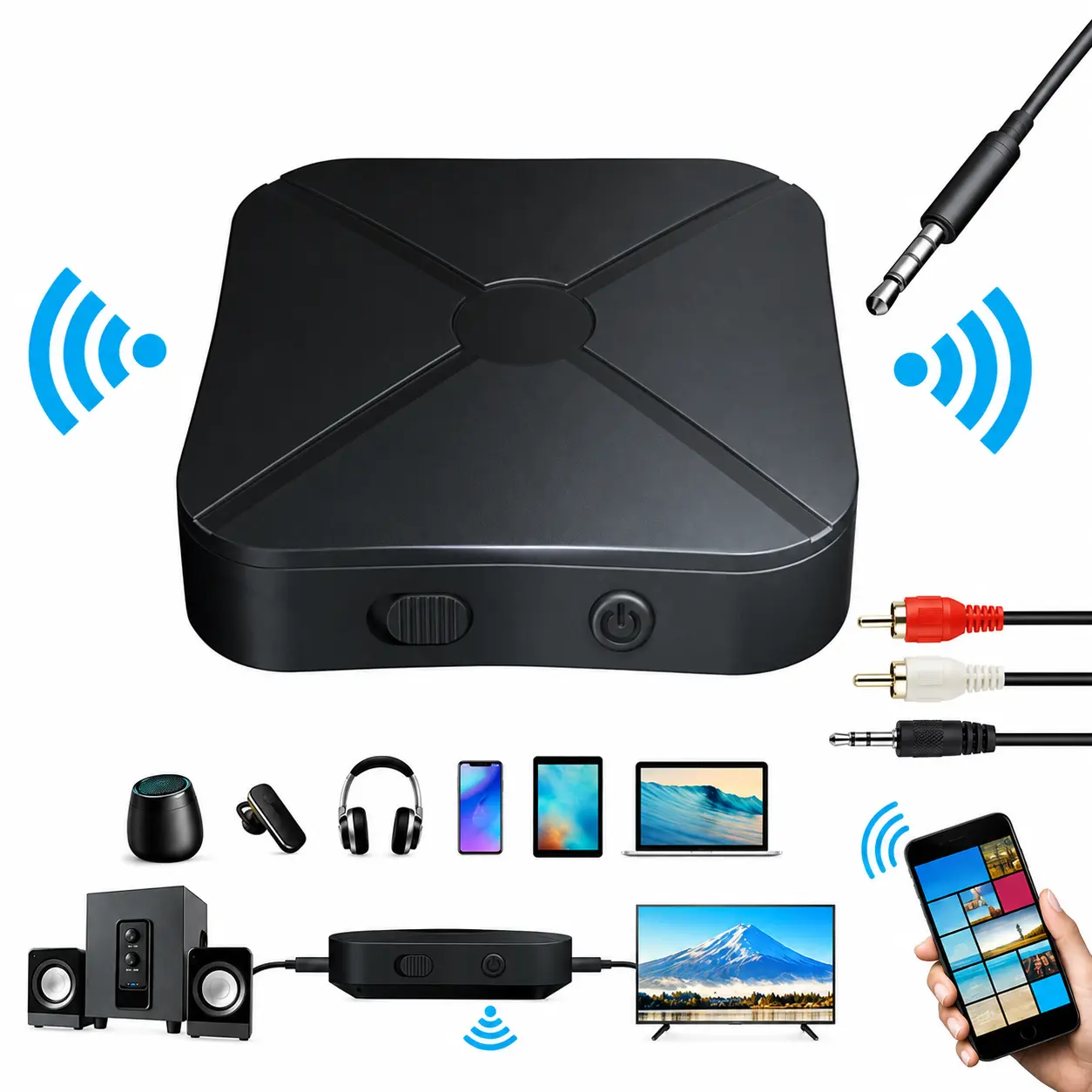 Mini 2-in-1 Dual Mode Bluetooth 4.2 Audio Transmitter Receiver Adapter, 3.5mm AUX, 600mAh Rechargeable Battery, Micro USB, 10m Range, Wireless Sound Converter for TV/Car/AUX, Black