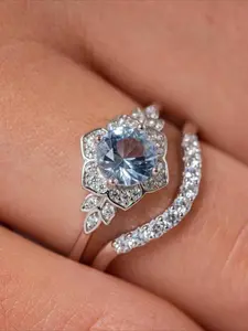 2pcs Trendy Imitation Aquamarine Stackable Silvery Ring Set with Curved Band Unique  Birthstone Engagement Proposal Rings for Women Anniversary Birthday Gift, Birthday Anniversaries, Halloween Gifts, Christmas Gifts, Artificial Gemstone Ring