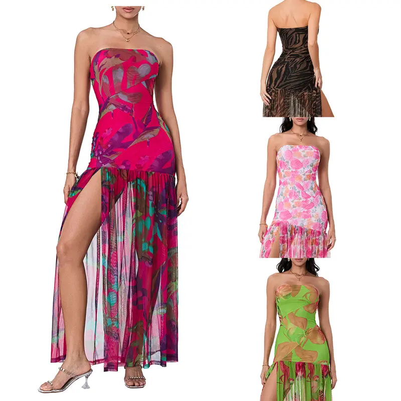 Women’s Tube Top Dress Strapless Backless Mesh Patchwork Tropical Leopard Print High Slit Long Dress for Street Vocation Woenwear,S/M/L/XL/XXL Size