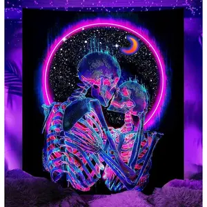 Blacklight Skull 60*51inTapestry Glow in the Dark Tapestry Kissing Lovers Tapestries Skeleton Neon Trippy Moon Stars Vertical Posters Wall Hanging Decor for Bedroom Aesthetic Colorful Decoration Gift tapestry