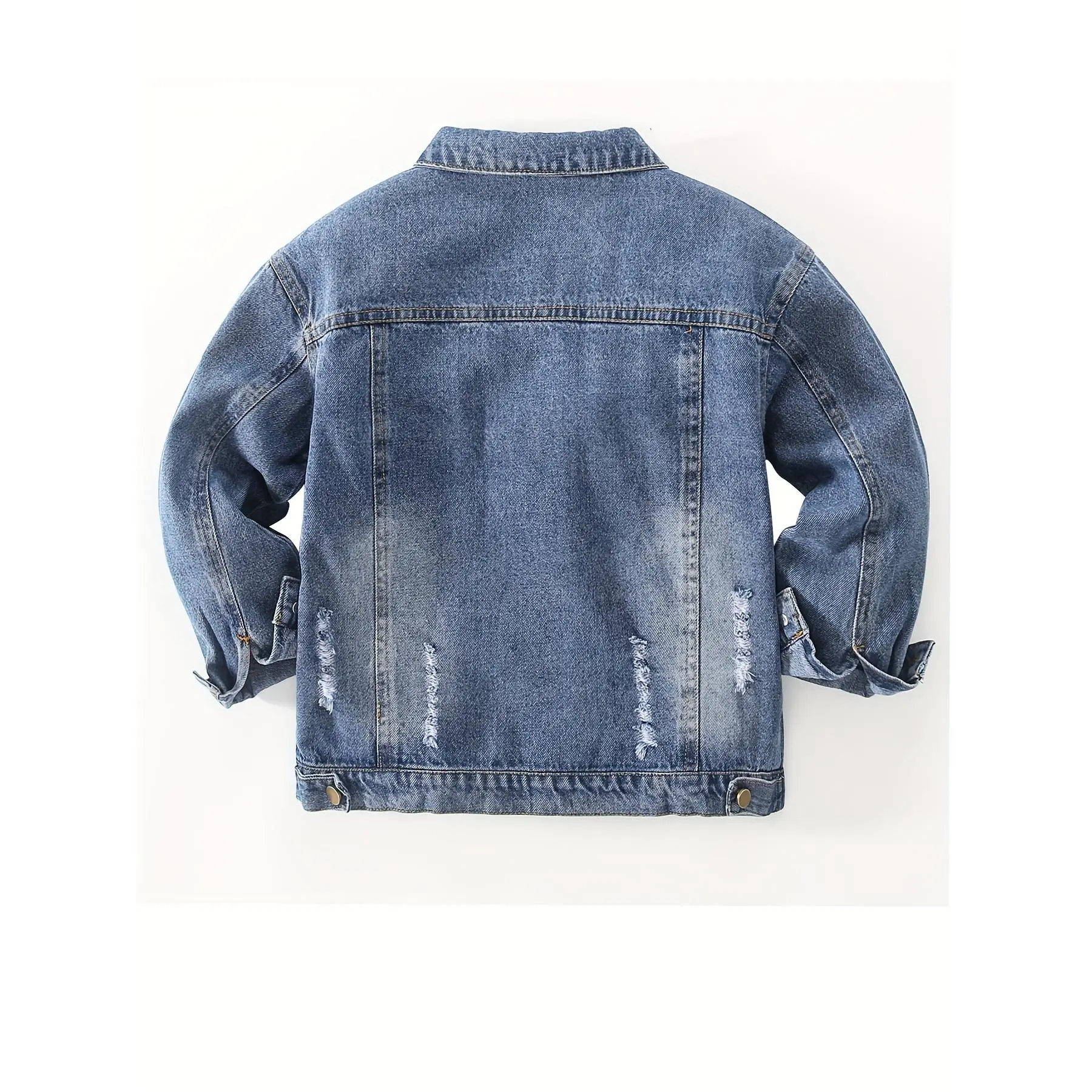 Kids' Ripped Denim Jacket Coat, Button Collar Classic Design, Durable Wear-Resistant Fabric, Suitable for 5-14 Years Boys & Girls Clothes, Everyday Wear with Ripped Detail for Spring-Autumn (Layerable for Winter)