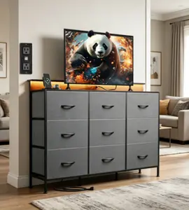 Black Dresser TV Stand Suitable for 45, 50, 55 Inch TVs, Entertainment Center with LED Lights and Charging Station, Chest of Drawers Featuring 9 Fabric Drawers and Open Shelves, Ideal for Living Room, Hallway, with Wood Top