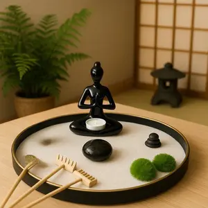 Zen Garden Kit Tray with Sand Rakes Meditating Figurine Pagoda Figurine Stacking Rocks & Crystal for Stress Relief Meditation and Real Preserved Moss Balls for Decoration Available in 4 7.5 or 12 Diameter
