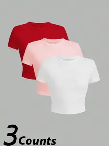 3-Pack Y2K Sexy Aesthetic Crop Top Short Sleeves, Plain Color Tight Fit, Summer Casual Basic, School Style, Fashion Essential for Women