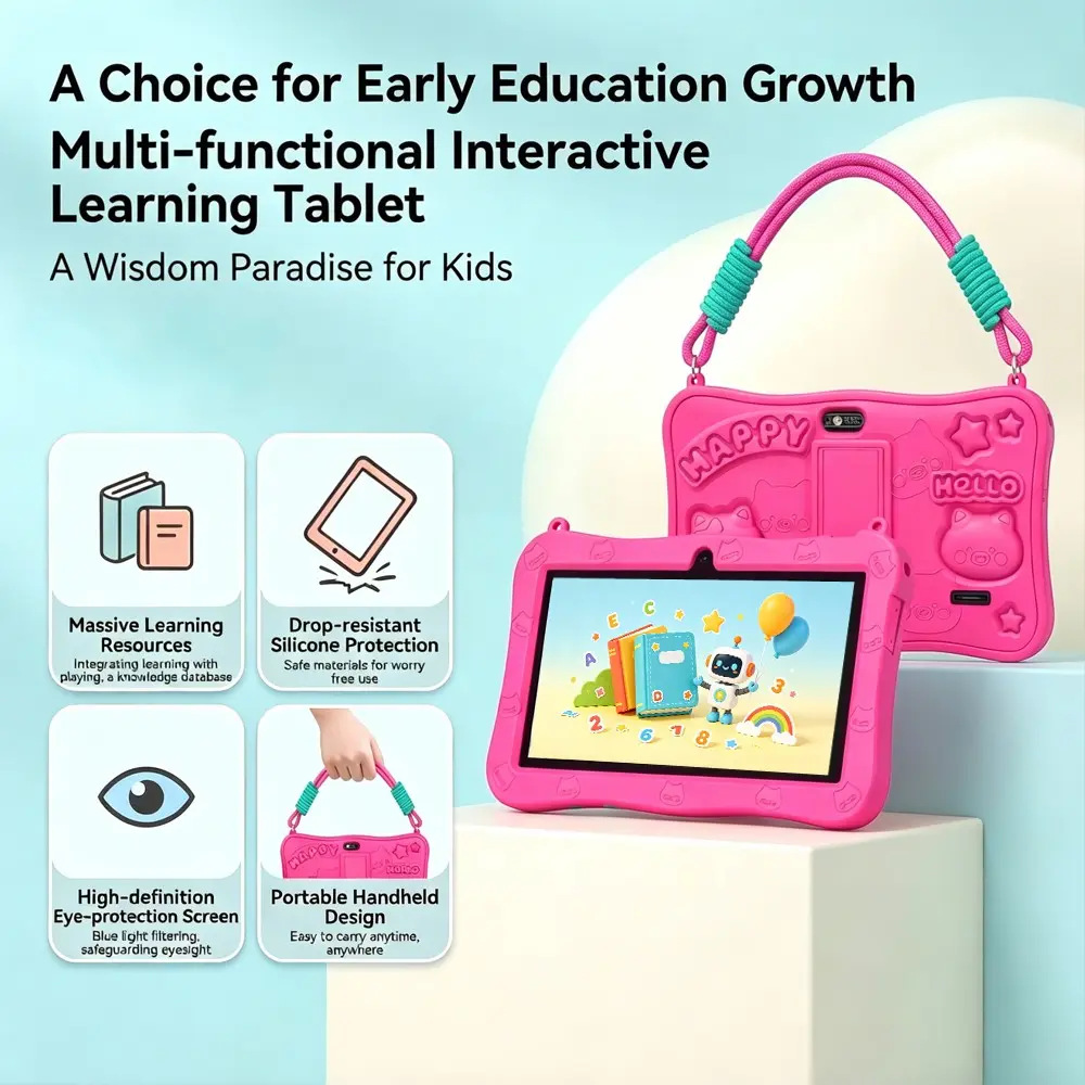 New 7-inch children's tablet, Touchscreen tablet, Android 13 4GB RAM 64GB ROM shock-absorbing silicone protective cover hanging rope handheld can support back shell, parents can control educational learning software, Toddler Tablets, Portable Tablet