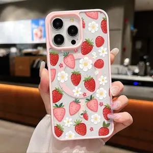 Strawberry Daisy Pattern Clear Magnetic Phone Case , Compatible with MagSafe Silicone Bumper Protective Cover For iPhone 11 12 13 14 15 16 17 Pro Max Plus Air Cute Girly