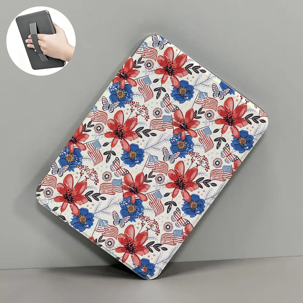 Flower Patriotic American Flag Kindle Case with Wrist Strap, Auto Wake Sleep Reader Tablet Protection Cover for 6.0" Kindle Basic 2022/2024, 6.8" Paperwhite 11th Gen (KPW5), 7.0" 12th Gen (KPW6), Flip PU Leather Clear Back, Independence Day July 4th Gift