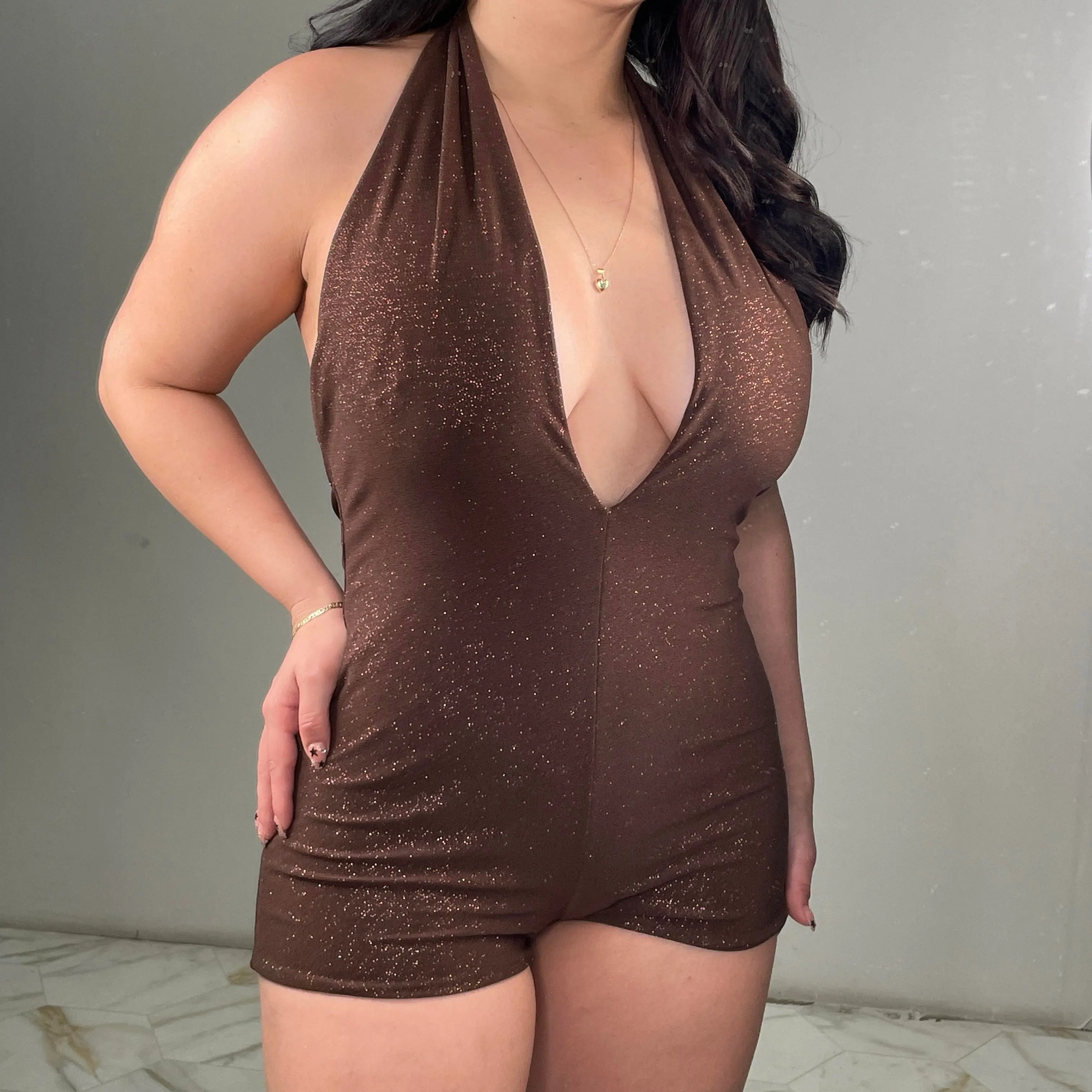 Cindy's Sparkly Romper - Stretchy Fabric True To Size Sparkle Design for Casual Outings Parties Everyday Wear