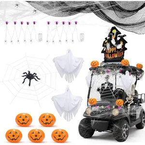 Halloween Golf Cart Decorations Kit, Halloween Car Decor - Fake Spider Web, String Light, Flying Ghost, Pumpkin Balloon, Large Castle Foil Balloon, Giant Spider Web and Spider for Indoor Outdoor Decor