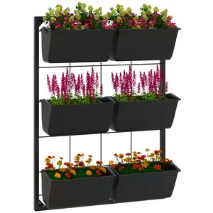 YYDS Outsunny 3-Tier Wall Planter with 6 Pots for Indoor and Outdoor Use, Hanging Plant Holder, Self Draining Wall Mounted Planter for Vegetables, Flowers, Herbs, Black