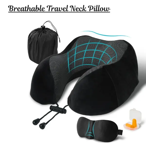Memory Foam Travel Neck Pillow Set with 5D Eye Mask & Earplugs – Ergonomic U-Shaped Neck Support for Airplane, Car & Office Travel