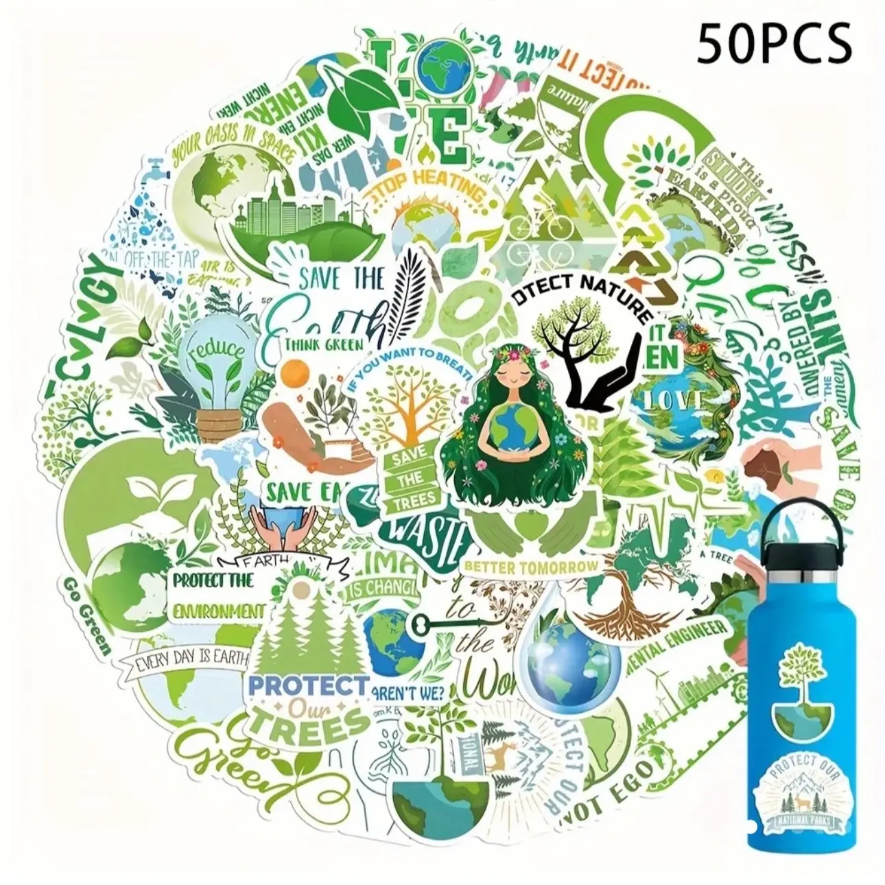 50 pack of environmental protection, climate change, ecology and clean earth themed stickers.