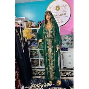 Hania Nikah Kaftan - Bottle Green with Gold Embroidery, Includes Scarf, Belt, and Elegant Design for Weddings