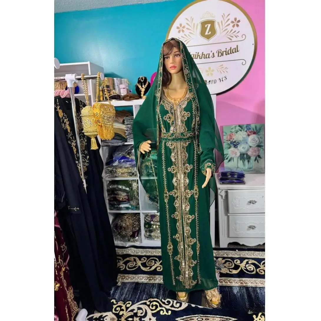 Hania Nikah Kaftan - Bottle Green with Gold Embroidery, Includes Scarf, Belt, and Elegant Design for Weddings