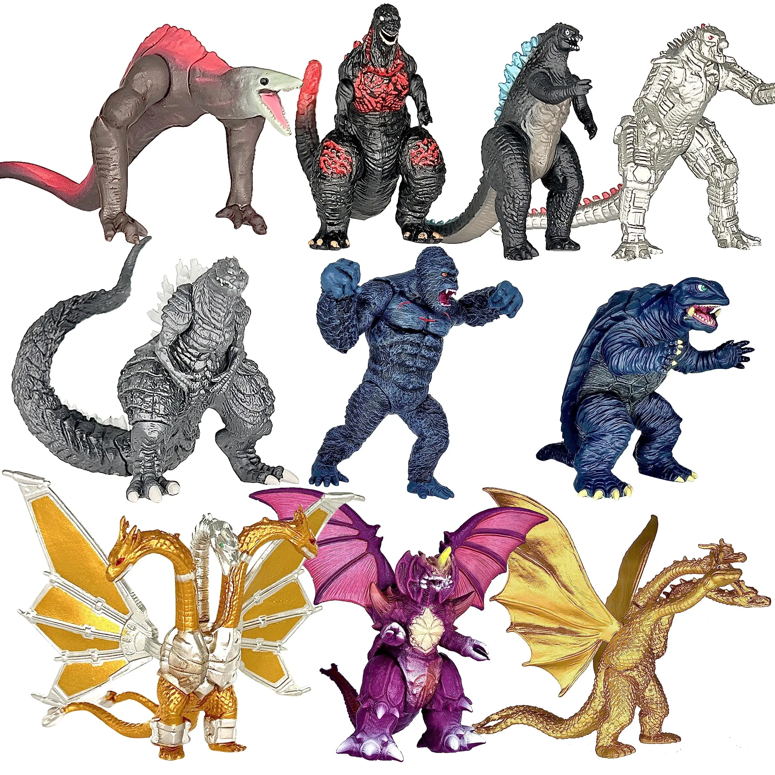 TwCare Godzilla vs Kong Dinosaur Dragon Toys Movable Joint Action Figures, King of The Monsters Shin Ultima Gamera Mecha MechaGodzilla Ghidorah Skull Crawler Destoroyah Cake Toppers Pack