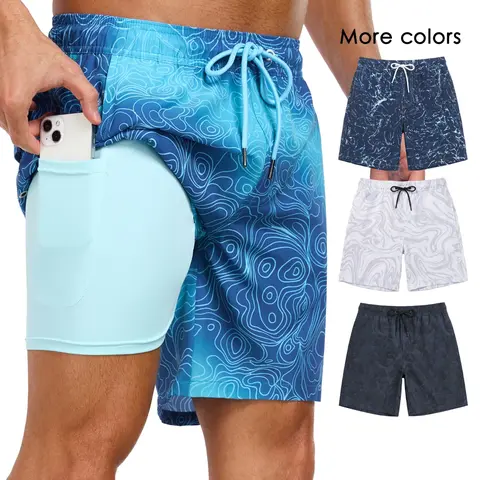 2 in 1 Men's 7-Inch Swim Shorts with Compression Liner, Quick Dry Beach Swimwear with Drawstring & Pockets, Summer Swim Trunks, Swimming Shorts