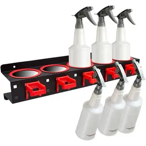 Spray Bottle Organizer Car Detailing Storage Holder Rack Wall Mount Steel for Accessories Equipment, Mobile Water Tank, Shop Auto Garage Cleaning Tools With 5 Holes and Plastic Hanging Hook Heavy Duty
