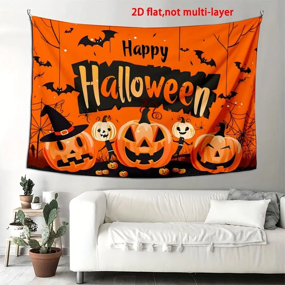 1pc 2D Flat Happy Halloween Polyester Backdrop with Pumpkins, Bats & Spooky Decorations - Vibrant Orange Background for Halloween Party, Photo Booth, Indoor/Outdoor Use, 99.06x149.86 cm/179.83x2