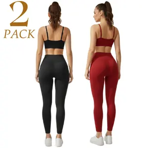 2 Pack Women Sports Leggings with Pockets, Breathable Seamless Soft Comfy Skinny Pants Tummy Control Rear Lifting Yoga Activewear Sportswear Pants